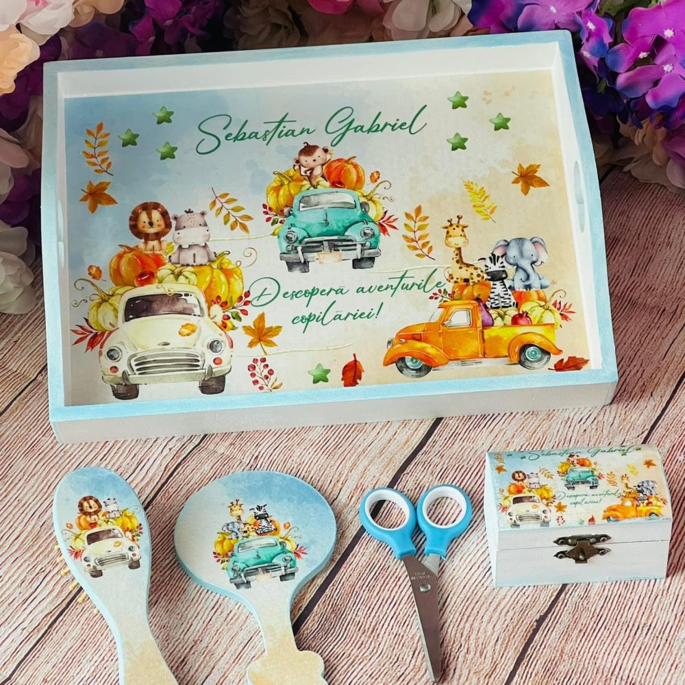 Set tavita pentru taiere mot baieti, model Safari Autumn UK, 6 piese, 30x20 cm,