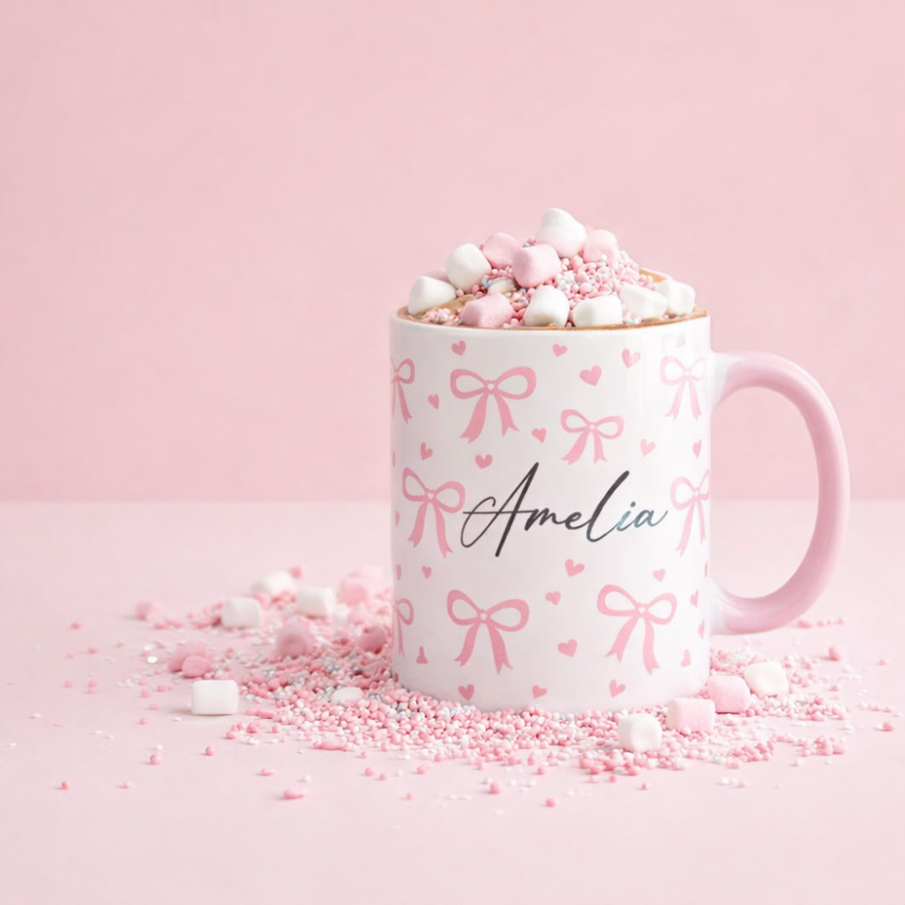 Pink Bows and Hearts Personalised Mug and Coaster, Custom Name Mug, Customised Coffee Cup, Gift for Friend, Bridesmaid Gift, Tea Lover Gift