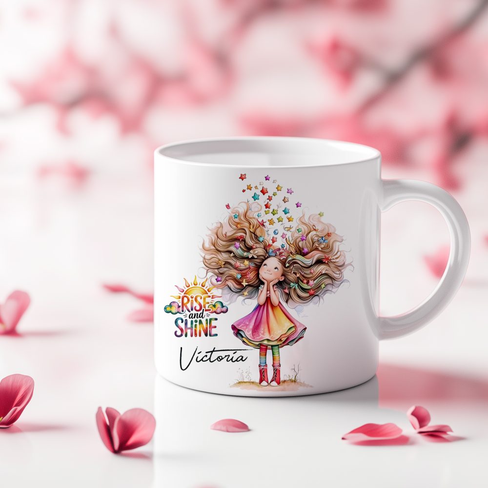 Personalized Inspirational Mug, Rise and Shine Coffee Tea Cup, Floral Girl Art, Custom Name Gift