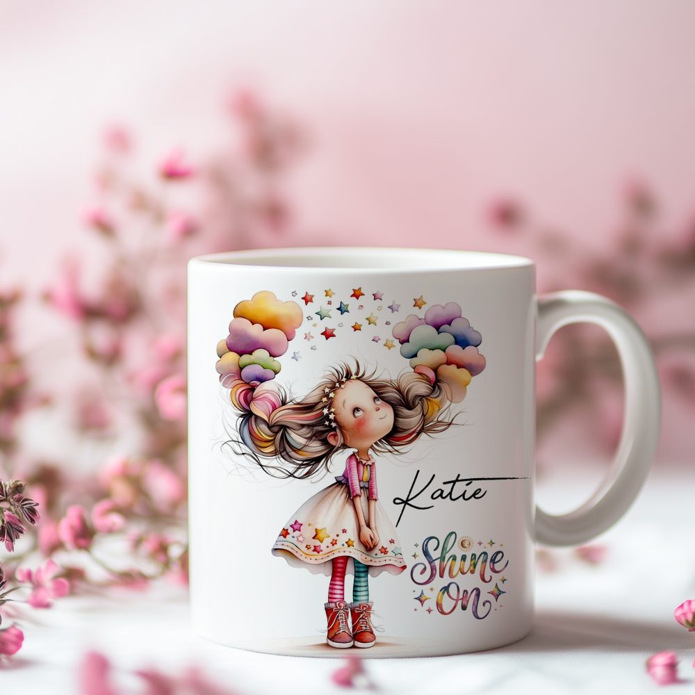 Personalized Inspirational Mug, Shine On Coffee Tea Cup, Floral Girl Art, Custom Name Gift